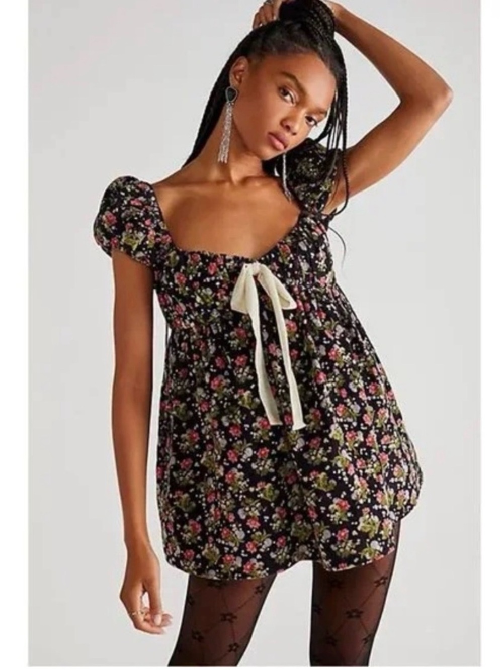 Free People Black Textured Top with Cream and Pink Accents